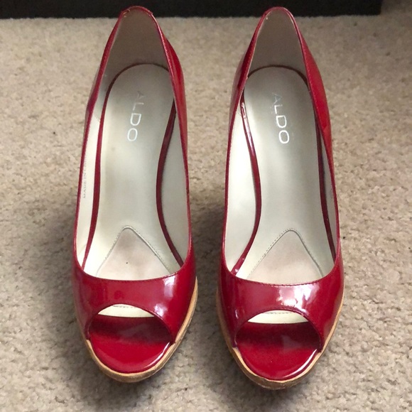 Aldo Red Patent Leather Peep-toe Cork Wedges - Picture 2 of 3
